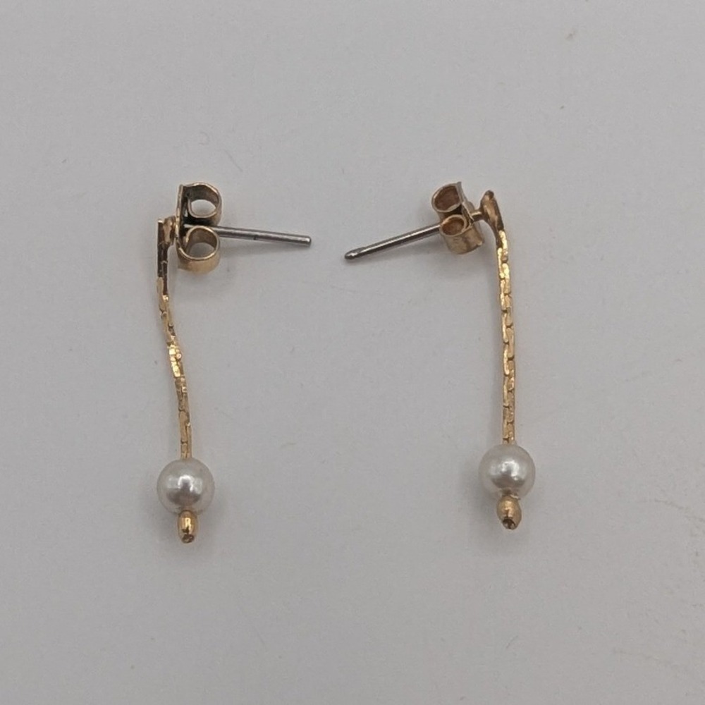 Gold Tone Faux Pearl Drop Earrings Dainty Curved Bar Dangle Minimalist Post Back